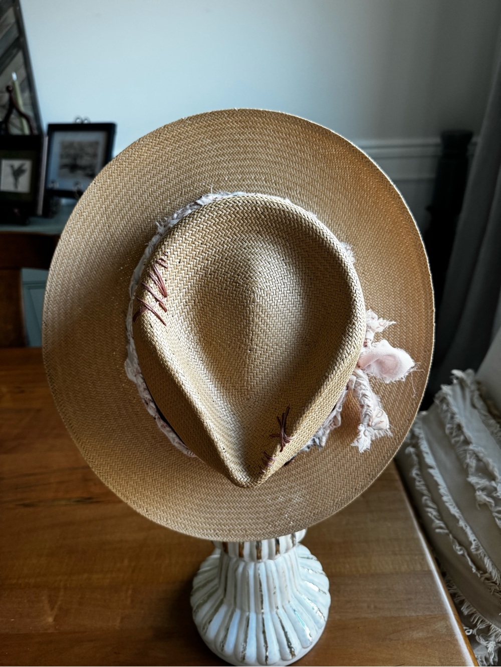 Vintage Straw Fedora Hat with Handmade Blush Band - Picture 2 of 16